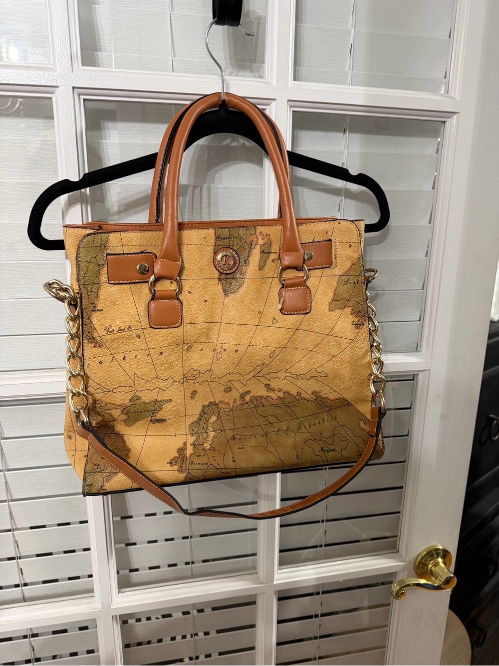 Map Print Tote Bag with Tan Leather Trim